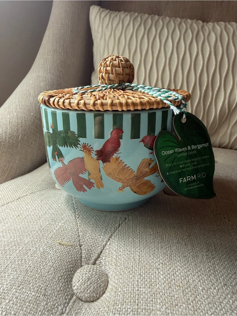 Anthropologie x FARM RIO Ocean Waves & Bergamot Ceramic Candle with Woven Lid